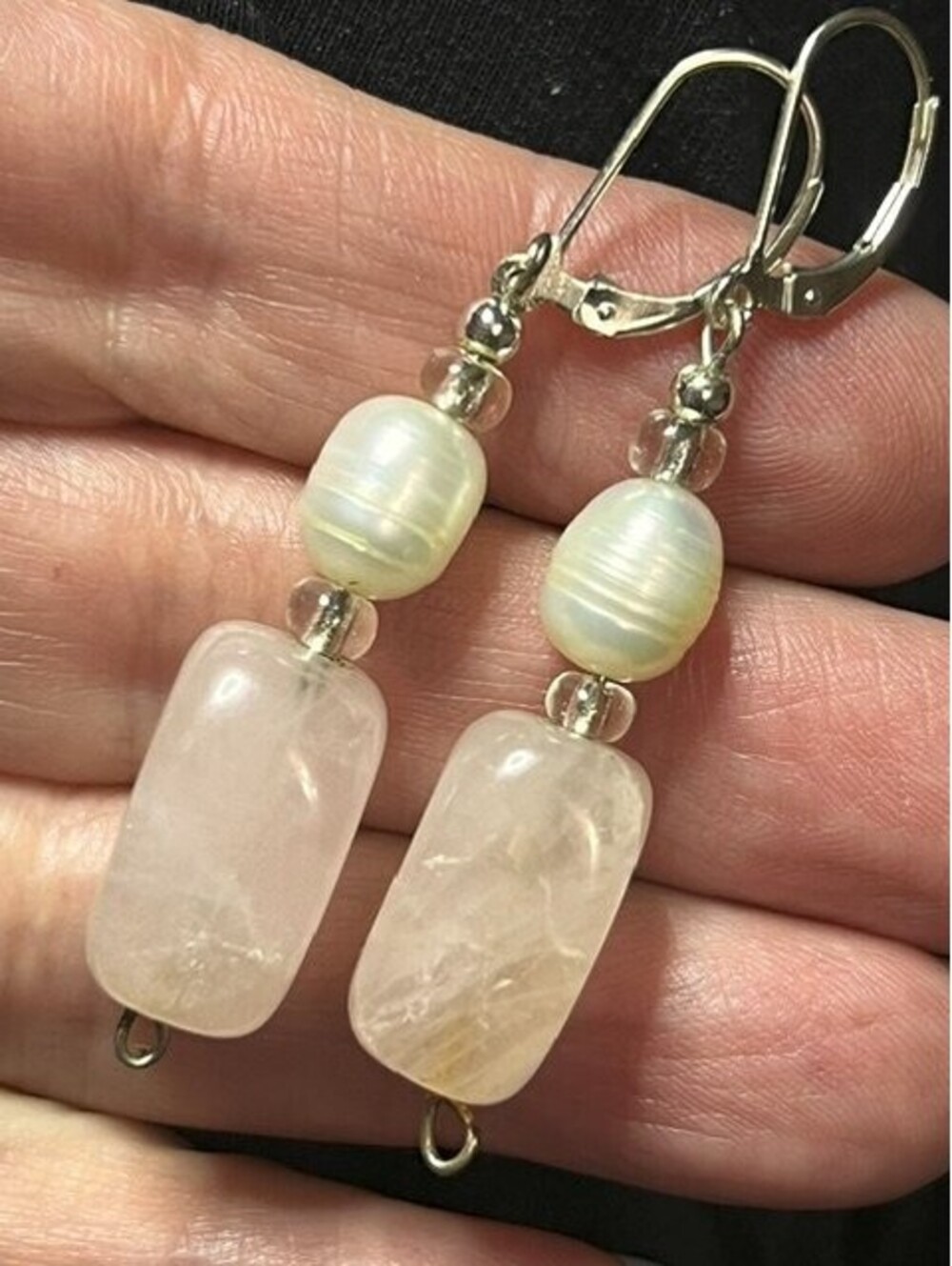 B7060 Sterling Silver Dangle Earrings Rose Quartz Freshwater Pearl Beaded 2.25"